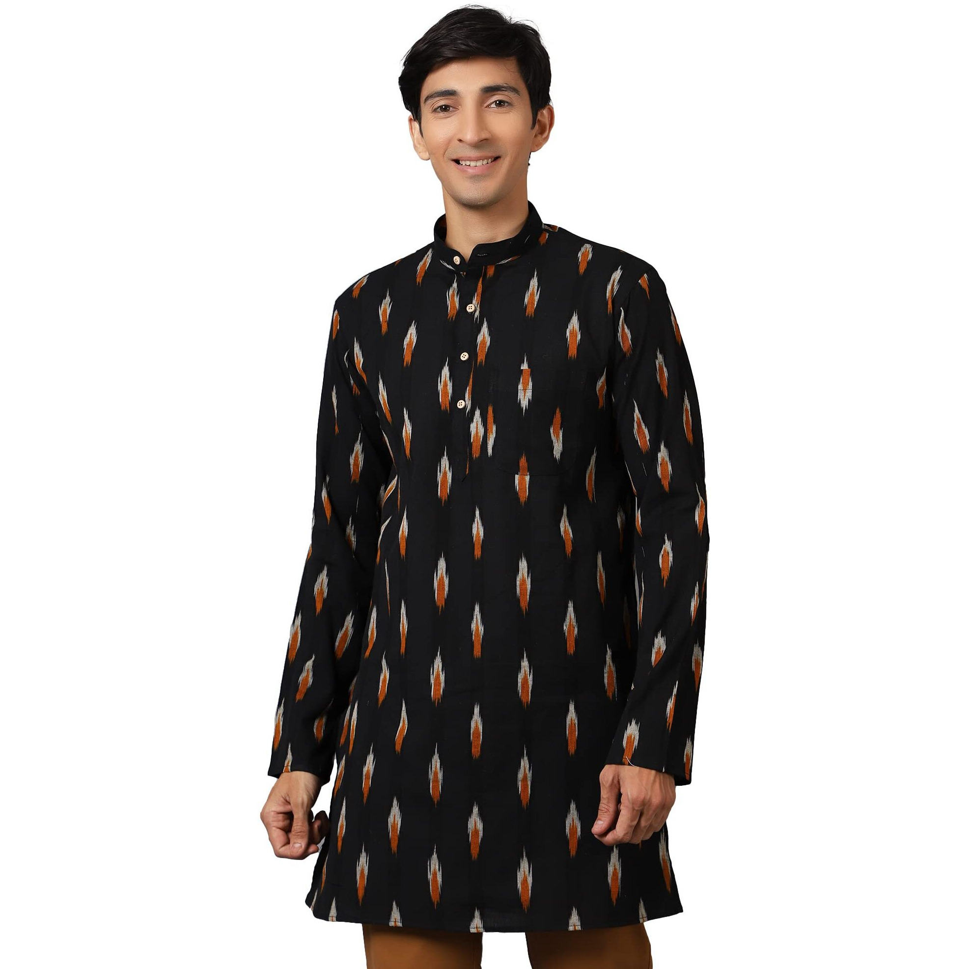 Wintage Men's Ikat Cotton Black 2 Long Kurta  40/M