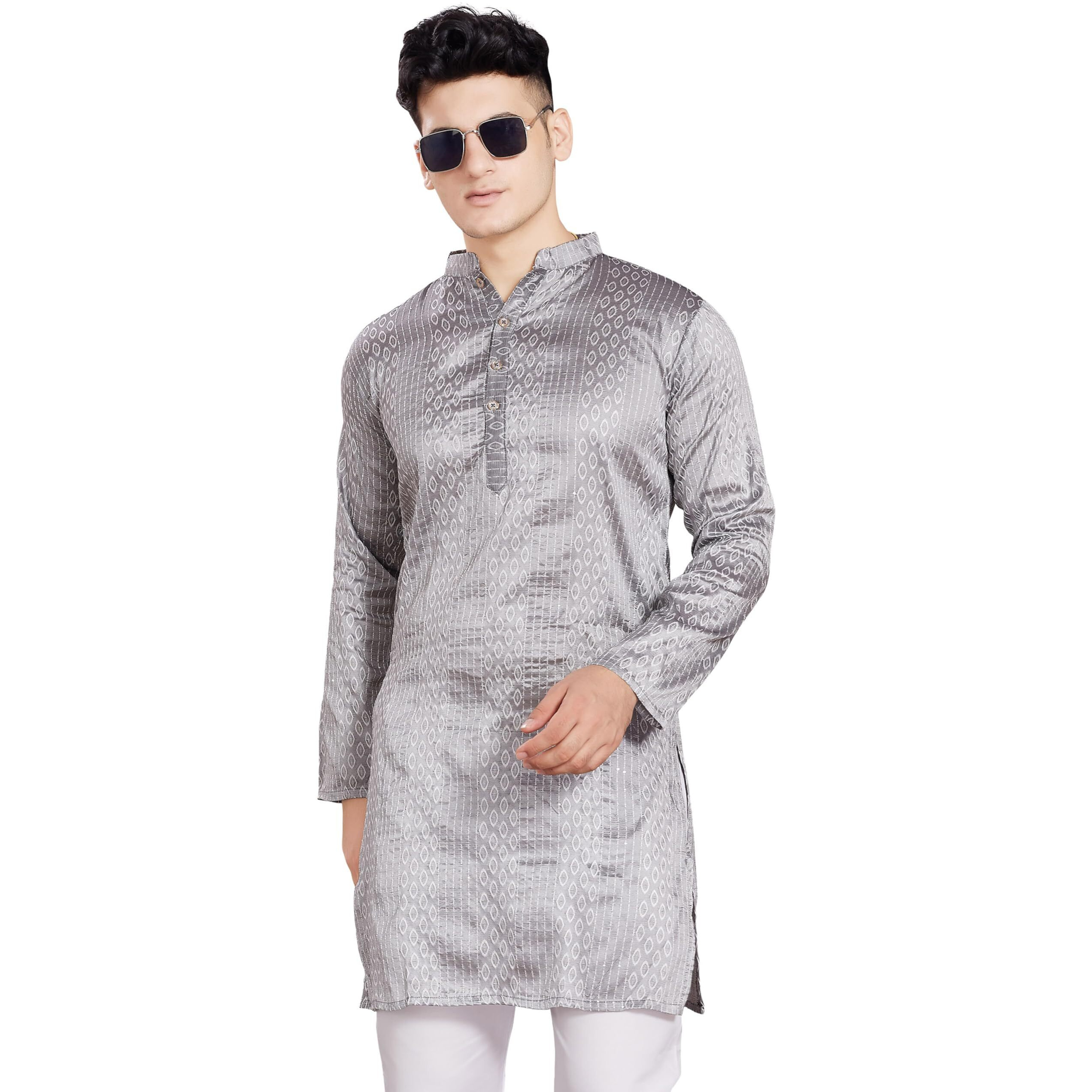 Divisive Men's Jequard Embroidered Art Silk Slim Fit Only Kurta (Dkrt423_L_Charcoal Grey)