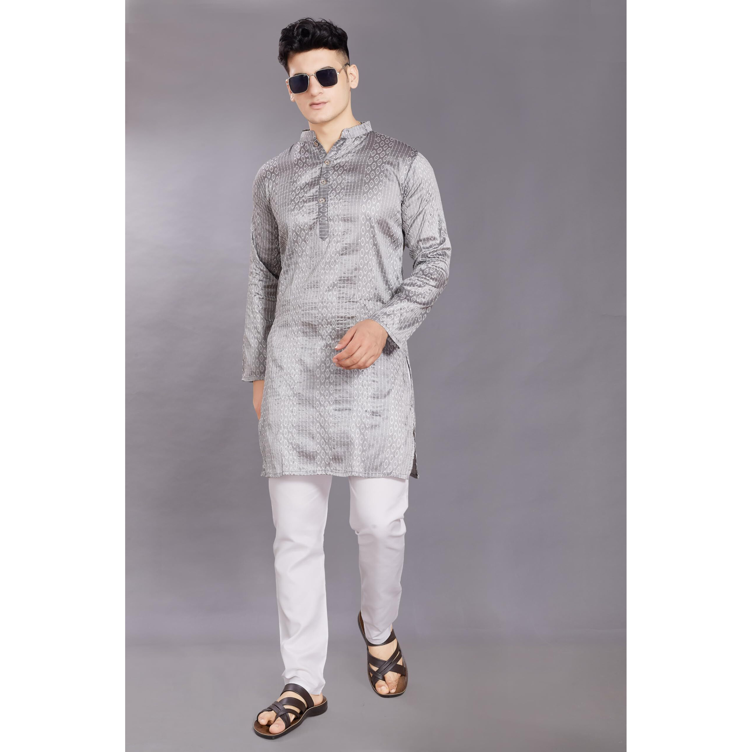 Divisive Men's Jequard Embroidered Art Silk Slim Fit Only Kurta (Dkrt423_L_Charcoal Grey)