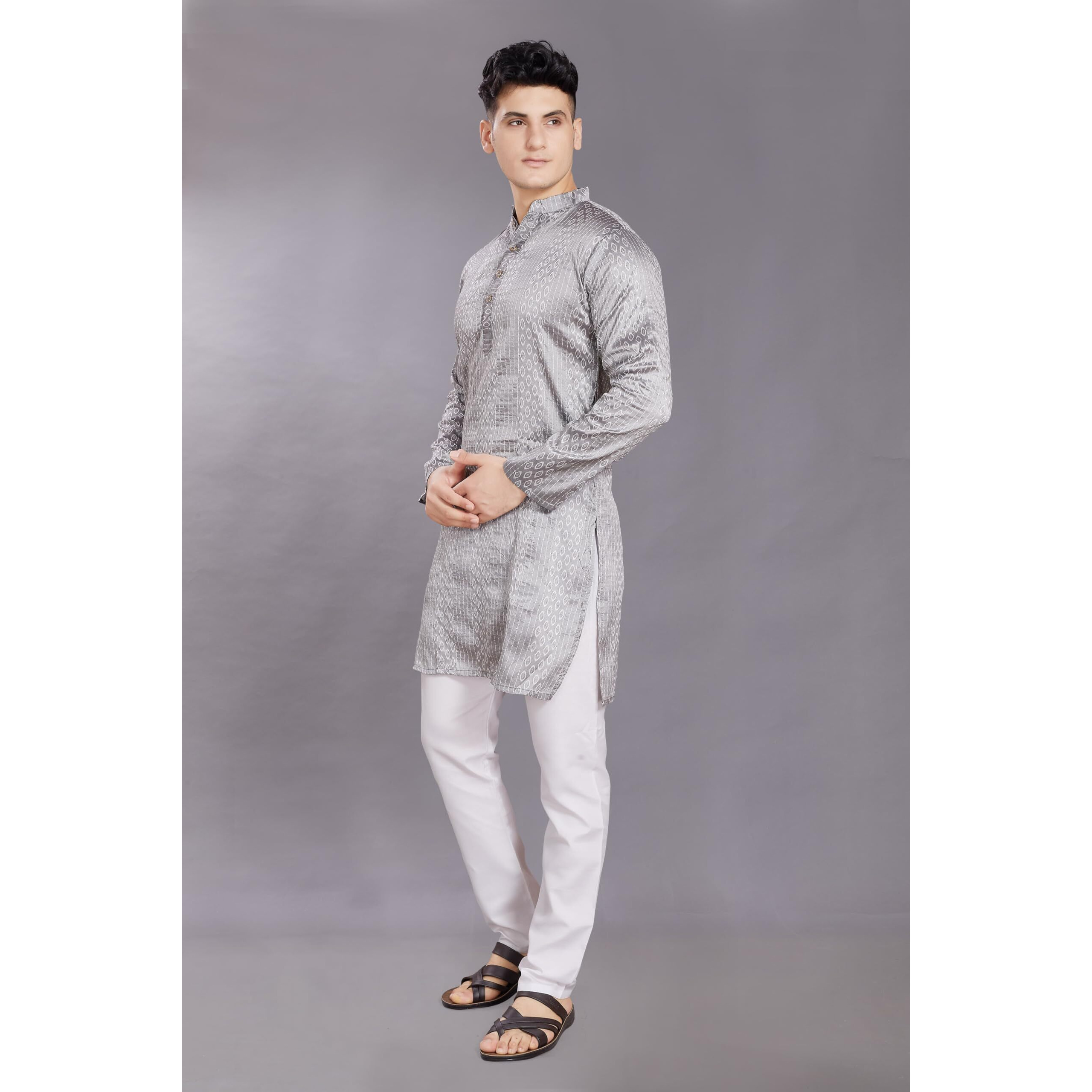 Divisive Men's Jequard Embroidered Art Silk Slim Fit Only Kurta (Dkrt423_L_Charcoal Grey)