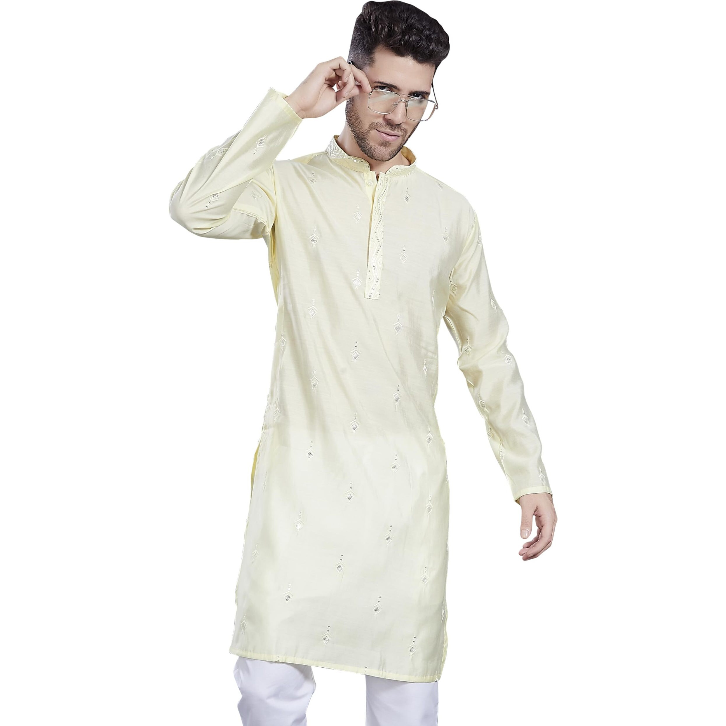 Divisive Men's Embroidered Silk Blend Only Slim Fit Kurta (Dkrt822_L_L Yellow)