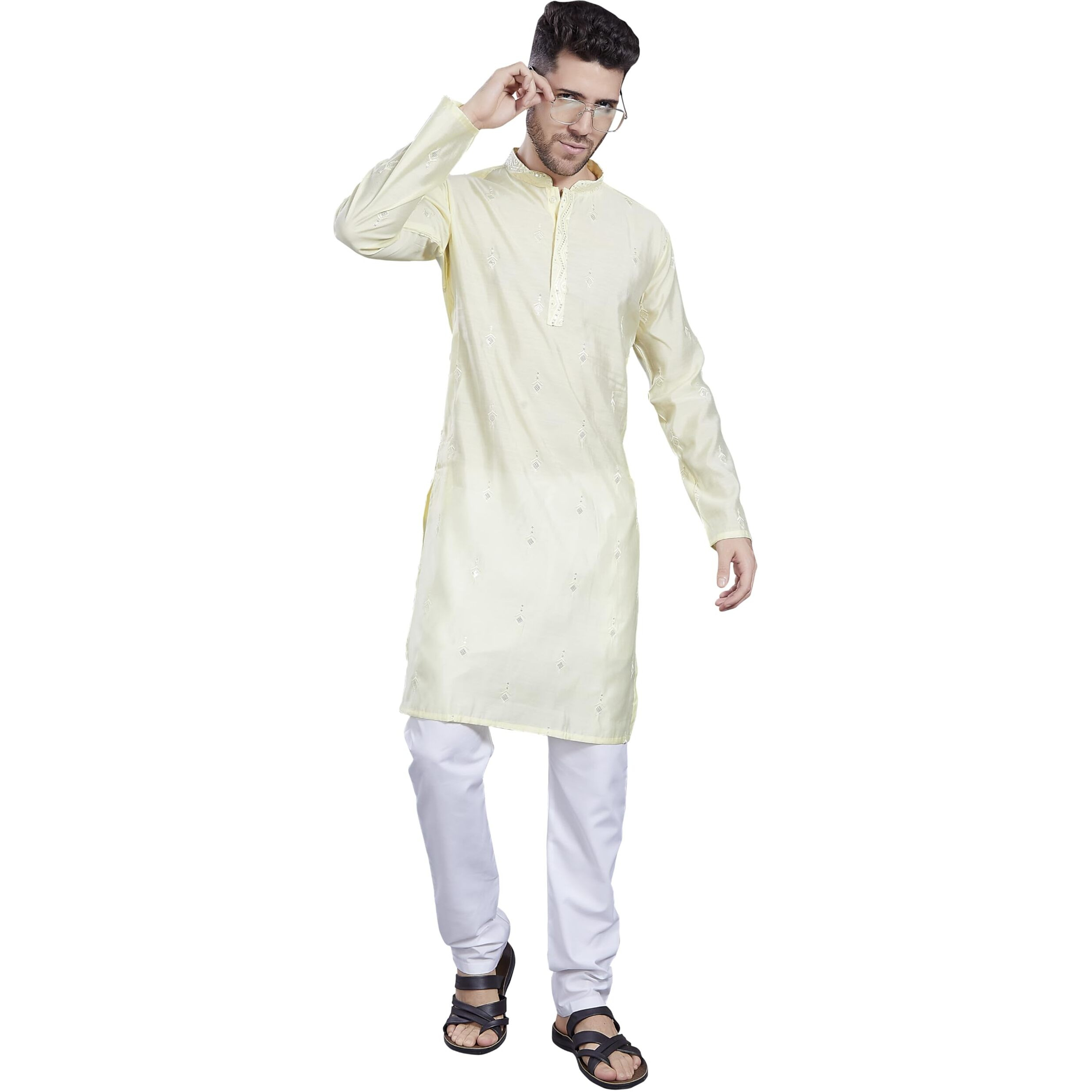 Divisive Men's Embroidered Silk Blend Only Slim Fit Kurta (Dkrt822_L_L Yellow)