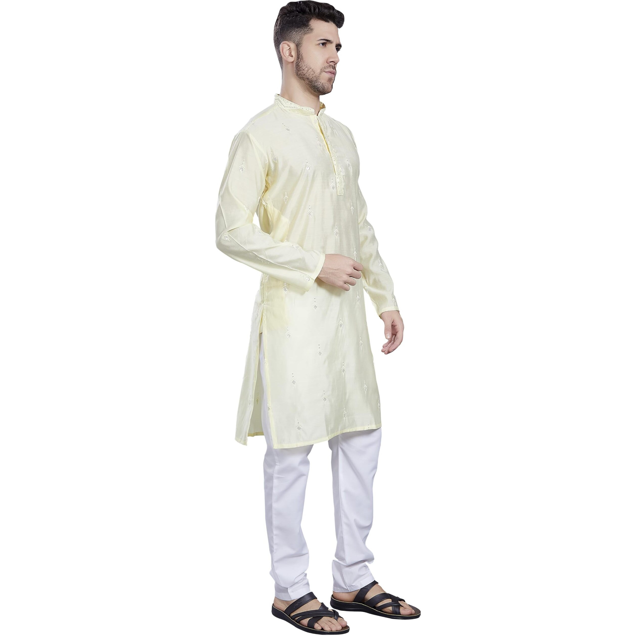 Divisive Men's Embroidered Silk Blend Only Slim Fit Kurta (Dkrt822_L_L Yellow)