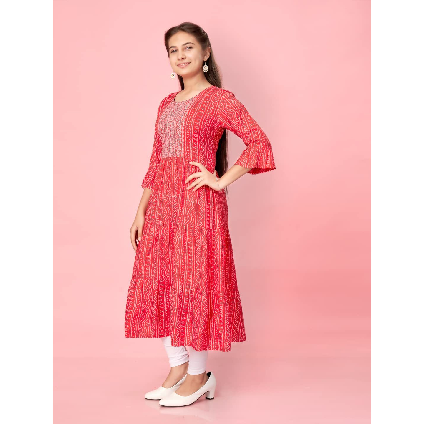 Aarika Girls Red-White Colour Cotton Bandhej Kurti Legging Set (Kl-K-601-Red-White-40)