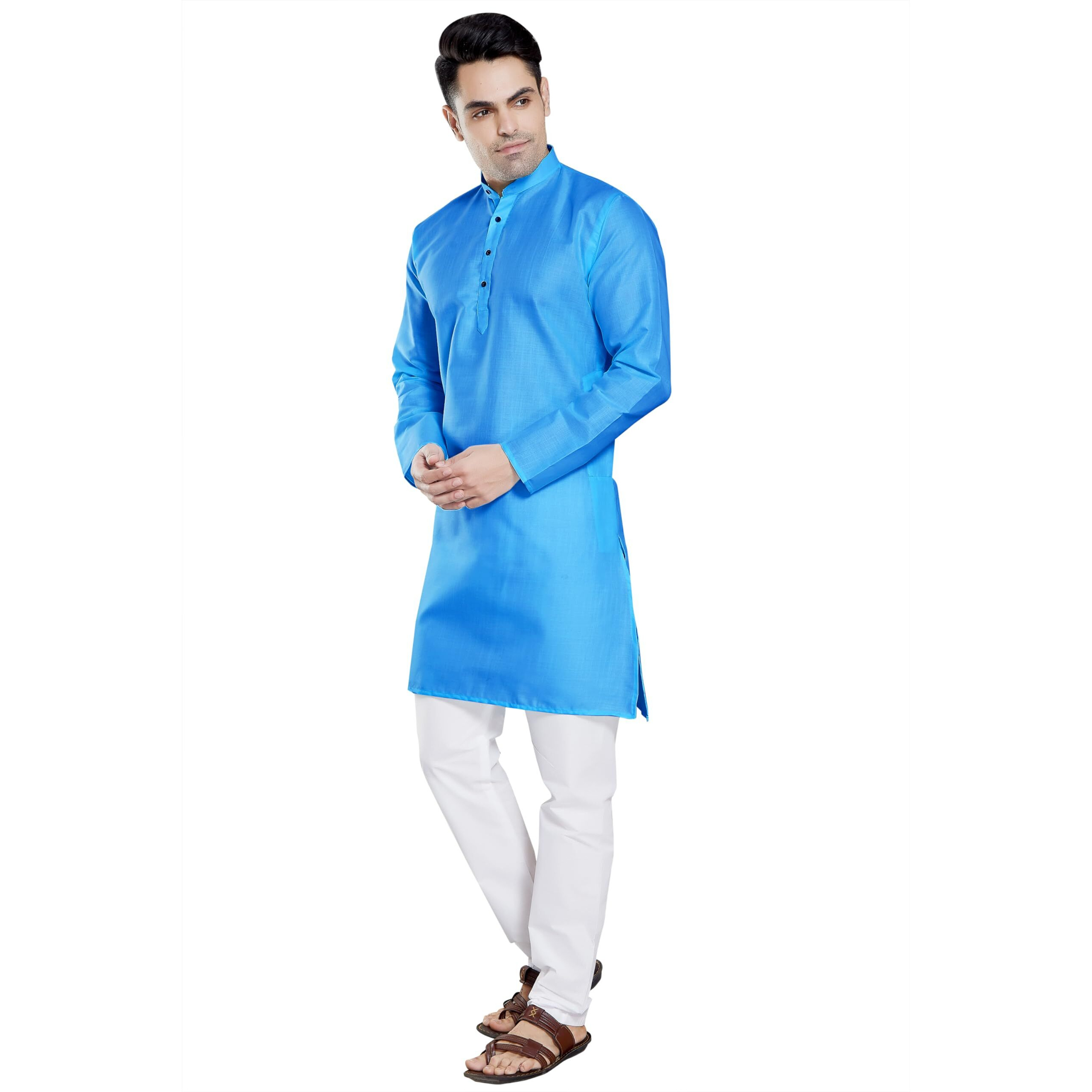 Divisive Men's Plain Cotton Blend Linen Slim Fit Kurta Pyjama Set (Dkrt68_L_Firoji)