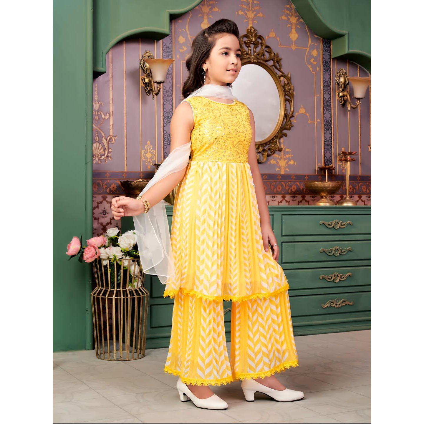 Aarika Girls Ethnic Wear Yellow Colour Beads Sequins Embroidery Georgette Kurti Sharara Set (5-16 Years)