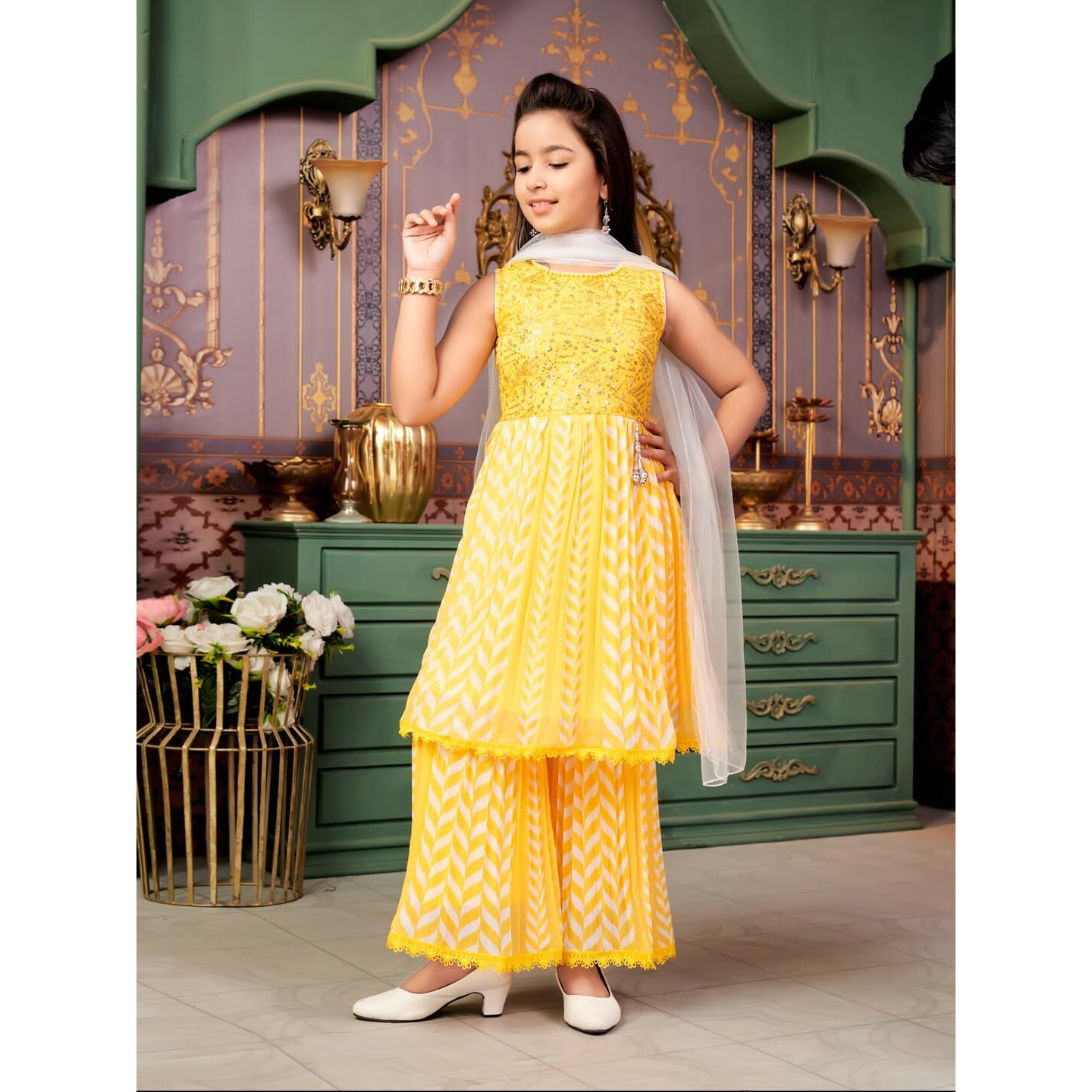 Aarika Girls Ethnic Wear Yellow Colour Beads Sequins Embroidery Georgette Kurti Sharara Set (5-16 Years)