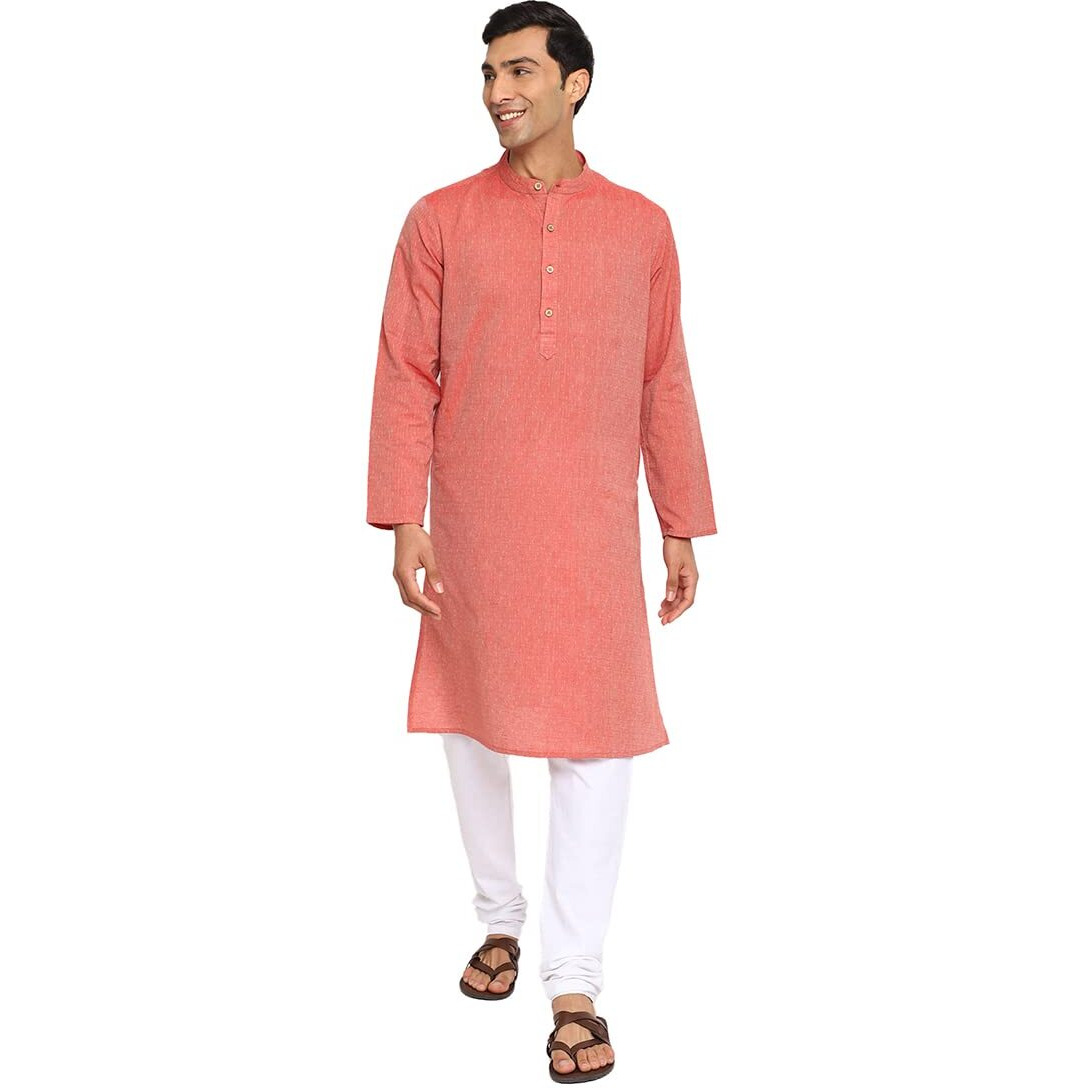 Fabindia Men's Cotton Dobby Relaxed Kurta (102884502_Red