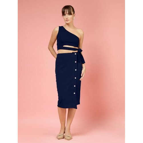Oomph Stretchable Lycra Coord Top And Pencil Skirt Set For Women, Blue - Coord_Mt920Msk111