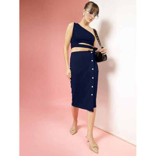 Oomph Stretchable Lycra Coord Top And Pencil Skirt Set For Women, Blue - Coord_Mt920Msk111