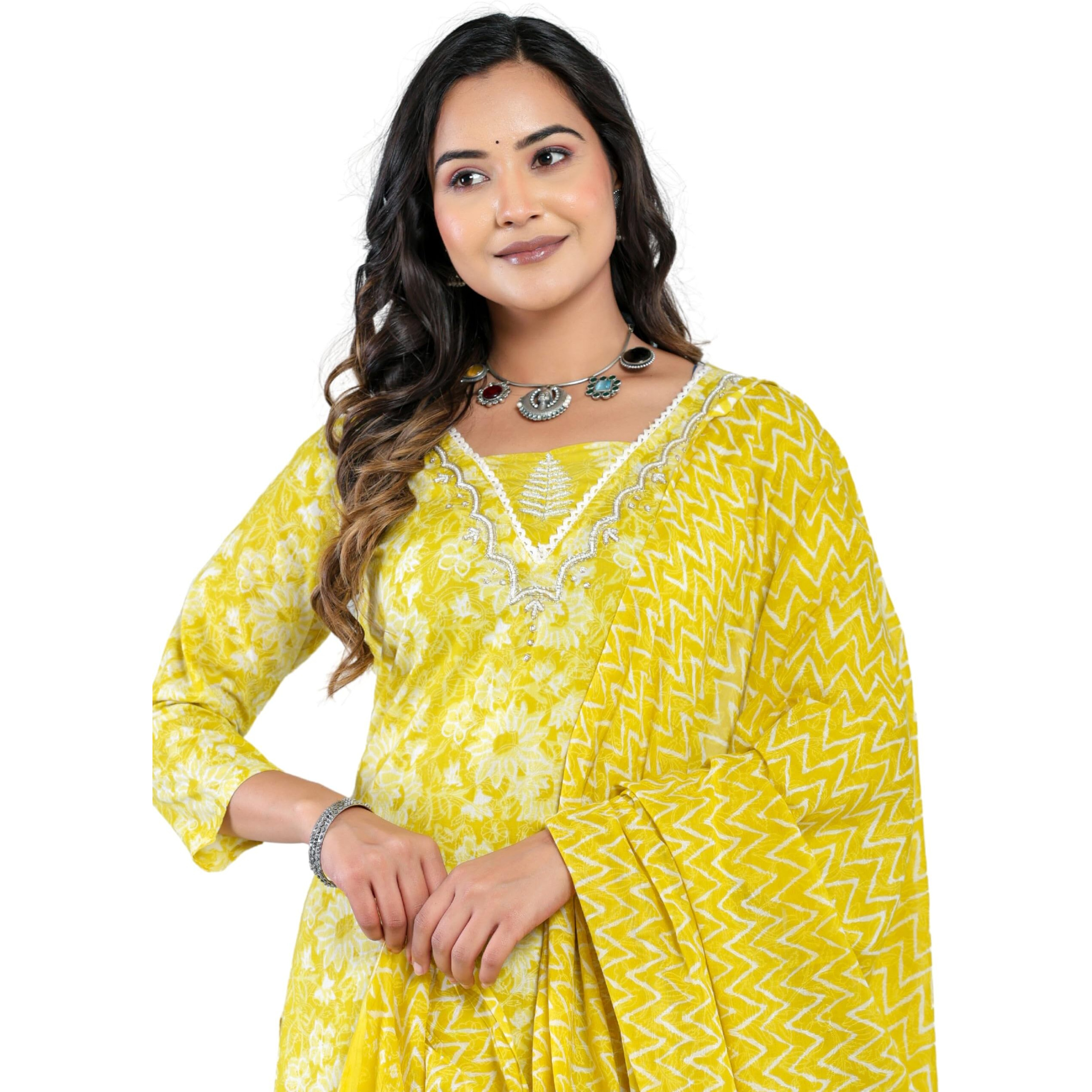 Rytras Women's Cotton Printed Straight Kurta With Palazzo Pant And Dupatta Set(Ryt569,New,Yellow,Xl)