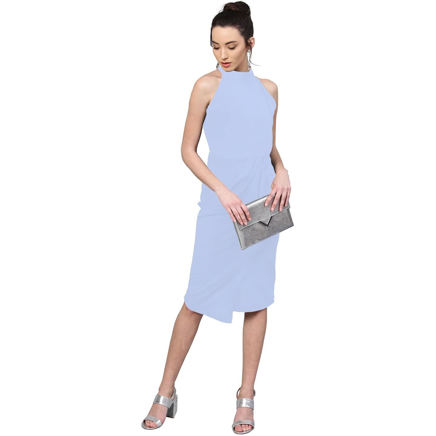 Shasmi Polyester Blend Bodycon Knee-Length Women's Elegant Halter Neck Pleated Flounce Sleeveless Midi Dress (Dresses For Tops_Sky Blue_M)