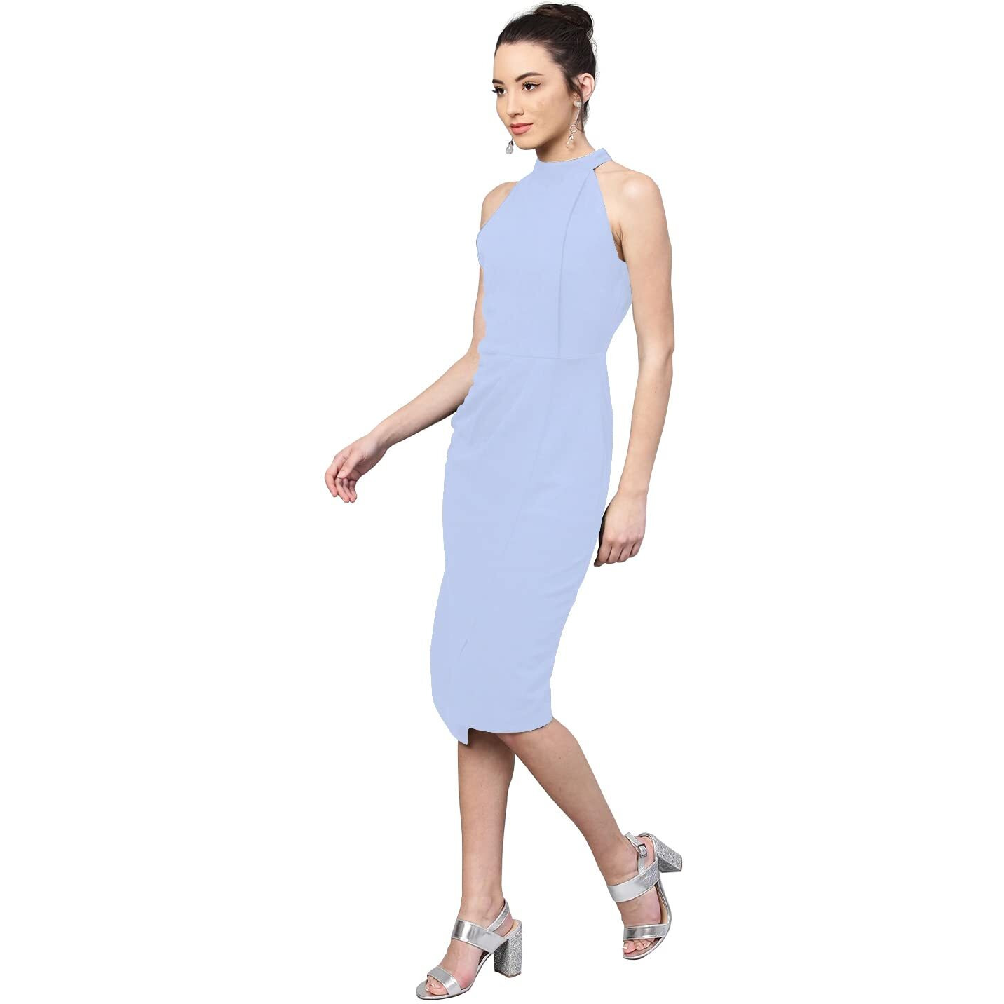 Shasmi Polyester Blend Bodycon Knee-Length Women's Elegant Halter Neck Pleated Flounce Sleeveless Midi Dress (Dresses For Tops_Sky Blue_M)