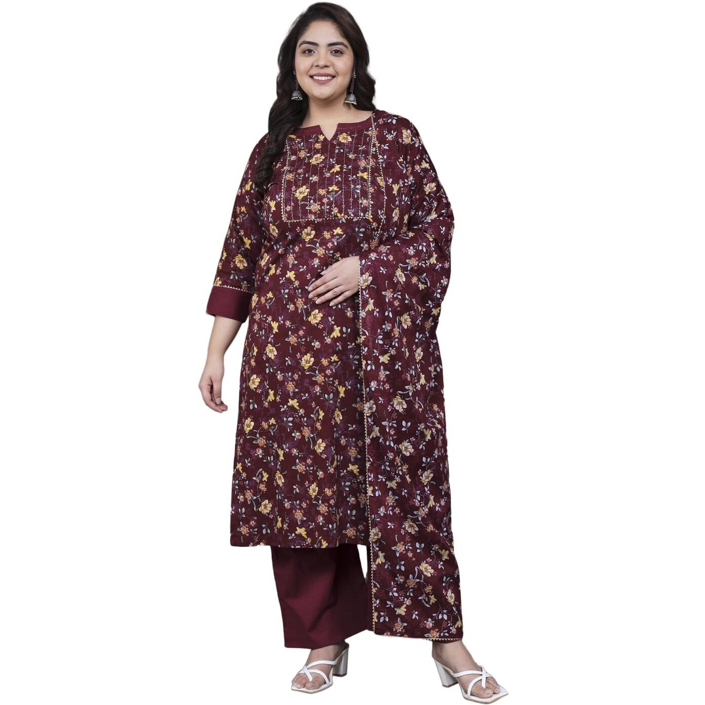 Tissu Women's Plus Size Maroon Printed Pure Cotton Zari Work Kurta & Palazzo With Dupatta (T-Plus-691_Maroon_7Xl)