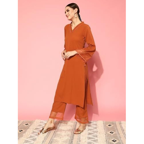 Varanga Women's Silk Crepe Kurta Set (Frl_Vset21103_Rust