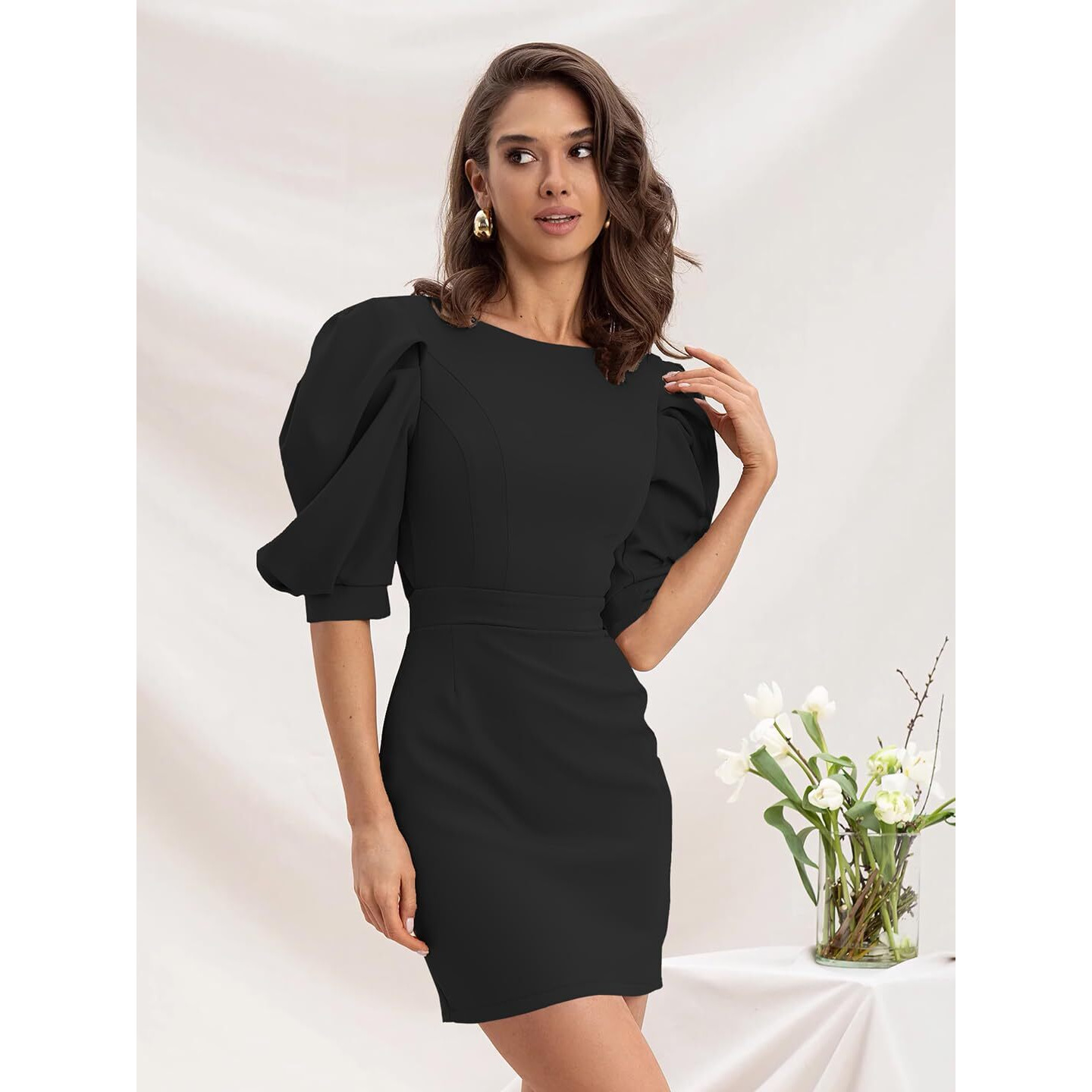 Addyvero Black Backless Puff-Sleeve Above Knee Party Dress