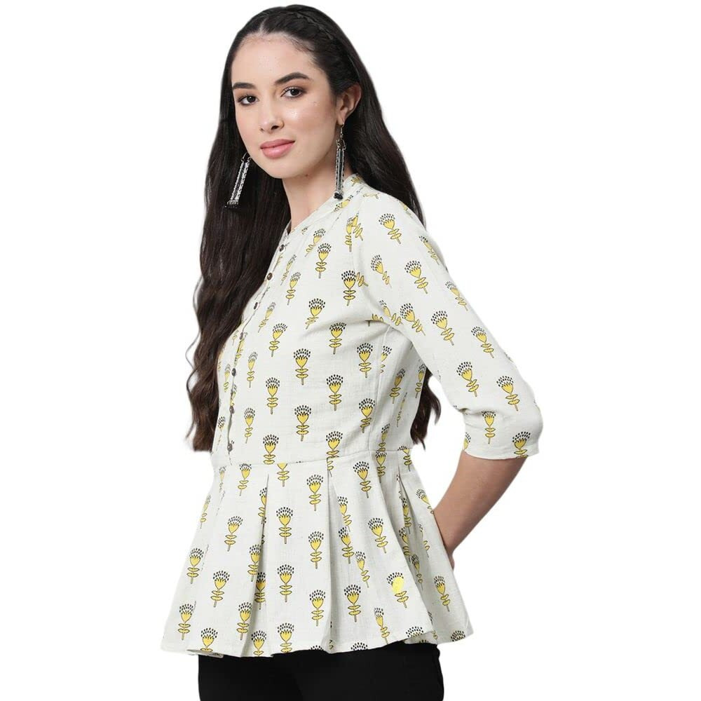 Anubhutee Women's Cotton Off White Floral Printed A-Line Kurti