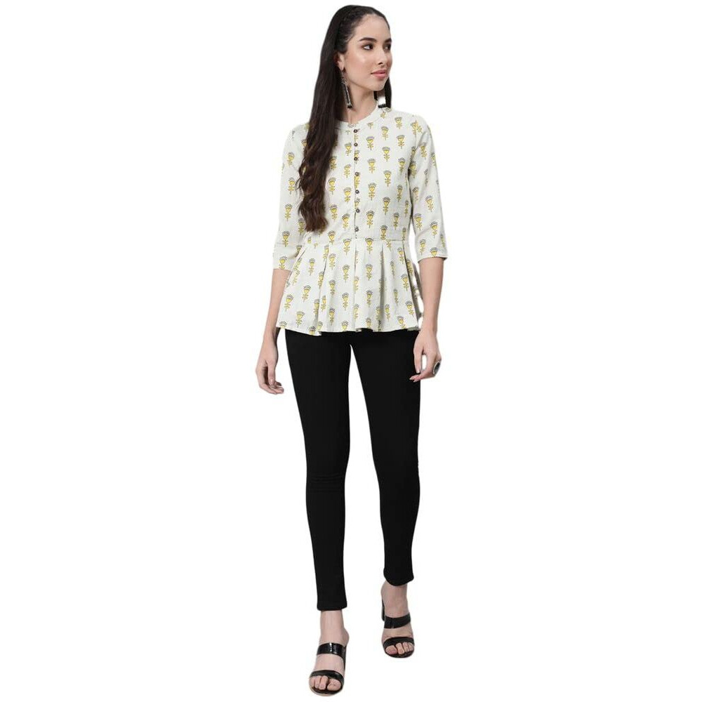 Anubhutee Women's Cotton Off White Floral Printed A-Line Kurti