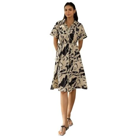 Fiorra Women's Black Abstract Print Cotton Midi Dress Dr0019