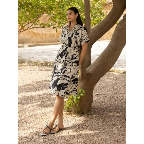 Fiorra Women's Black Abstract Print Cotton Midi Dress Dr0019