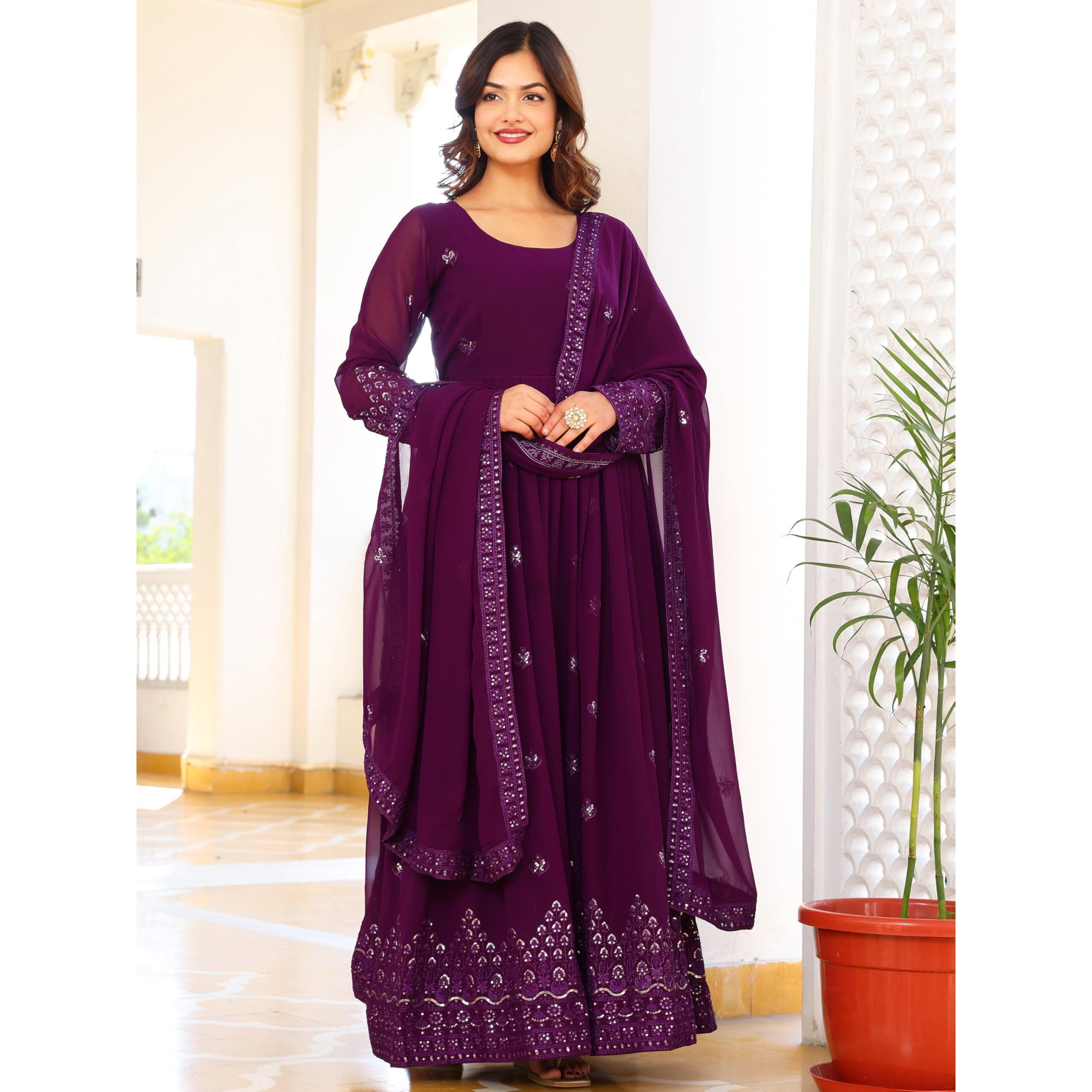 Fashion Basket Georgette Anarkali Kurta Set For Women Purple