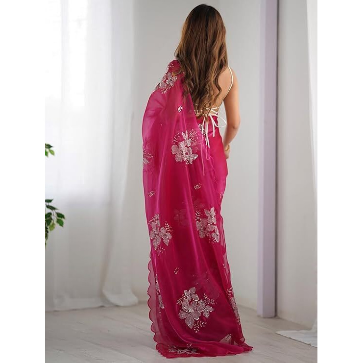 Flosive Women's Shimmer Organza Sequence Embroidery Saree With Unstitched Blouse Piece (Rani Pink)