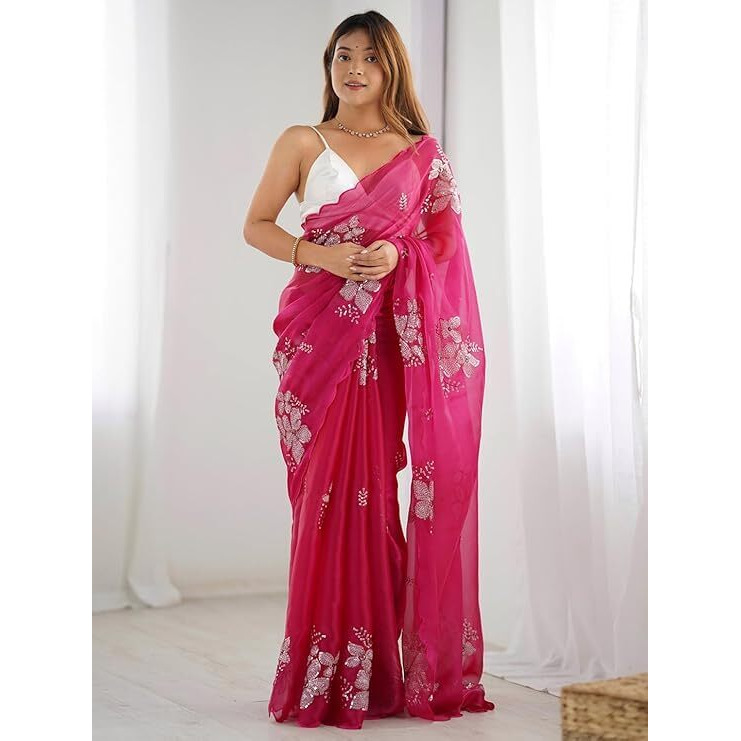 Flosive Women's Shimmer Organza Sequence Embroidery Saree With Unstitched Blouse Piece (Rani Pink)