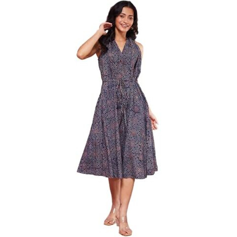 Fabindia Women's Cotton A-Line Midi Dress (1037627Blue-Red_Blue