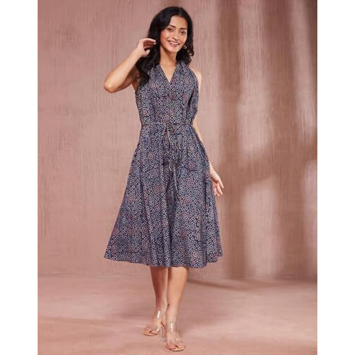 Fabindia Women's Cotton A-Line Midi Dress (1037627Blue-Red_Blue