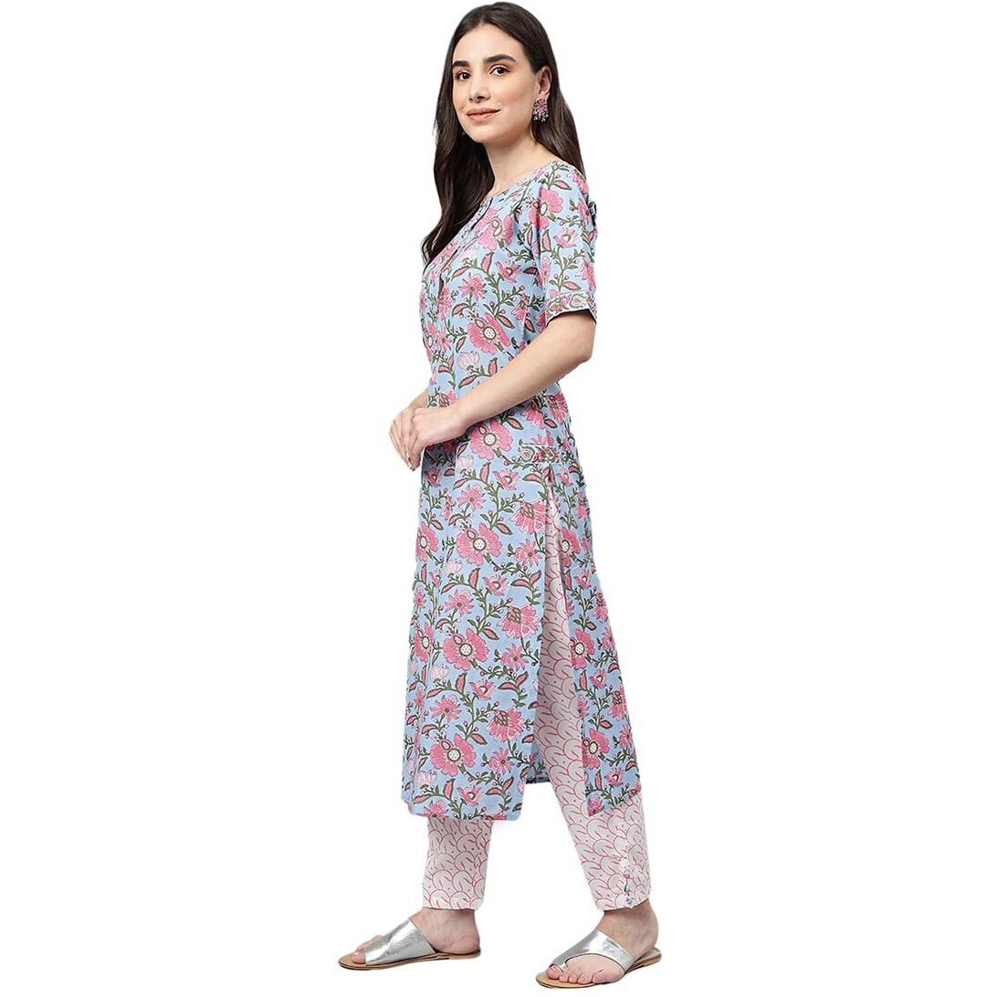Idalia Hand Block Print Sky Blue Cotton Kurta With Cotton Pants