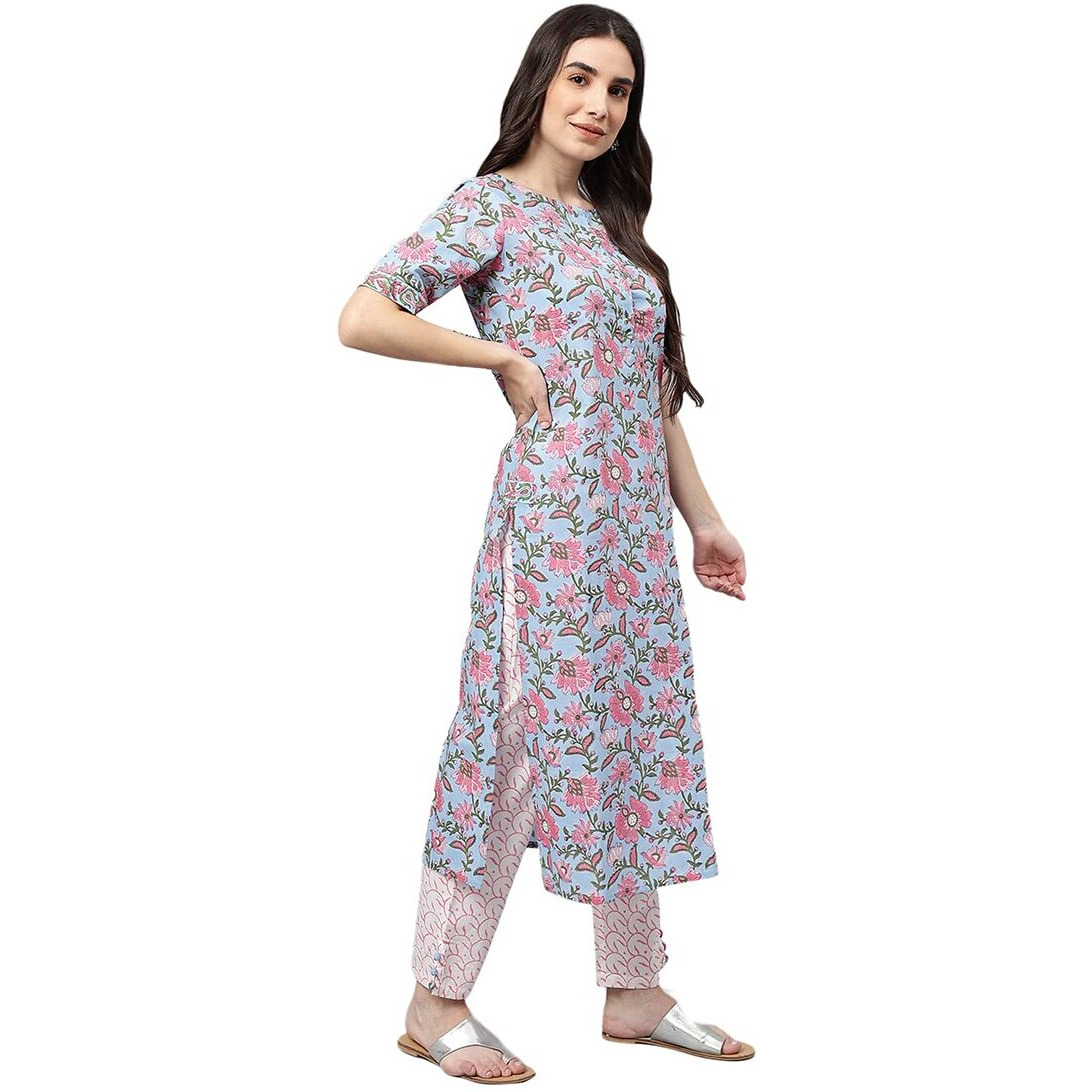 Idalia Hand Block Print Sky Blue Cotton Kurta With Cotton Pants