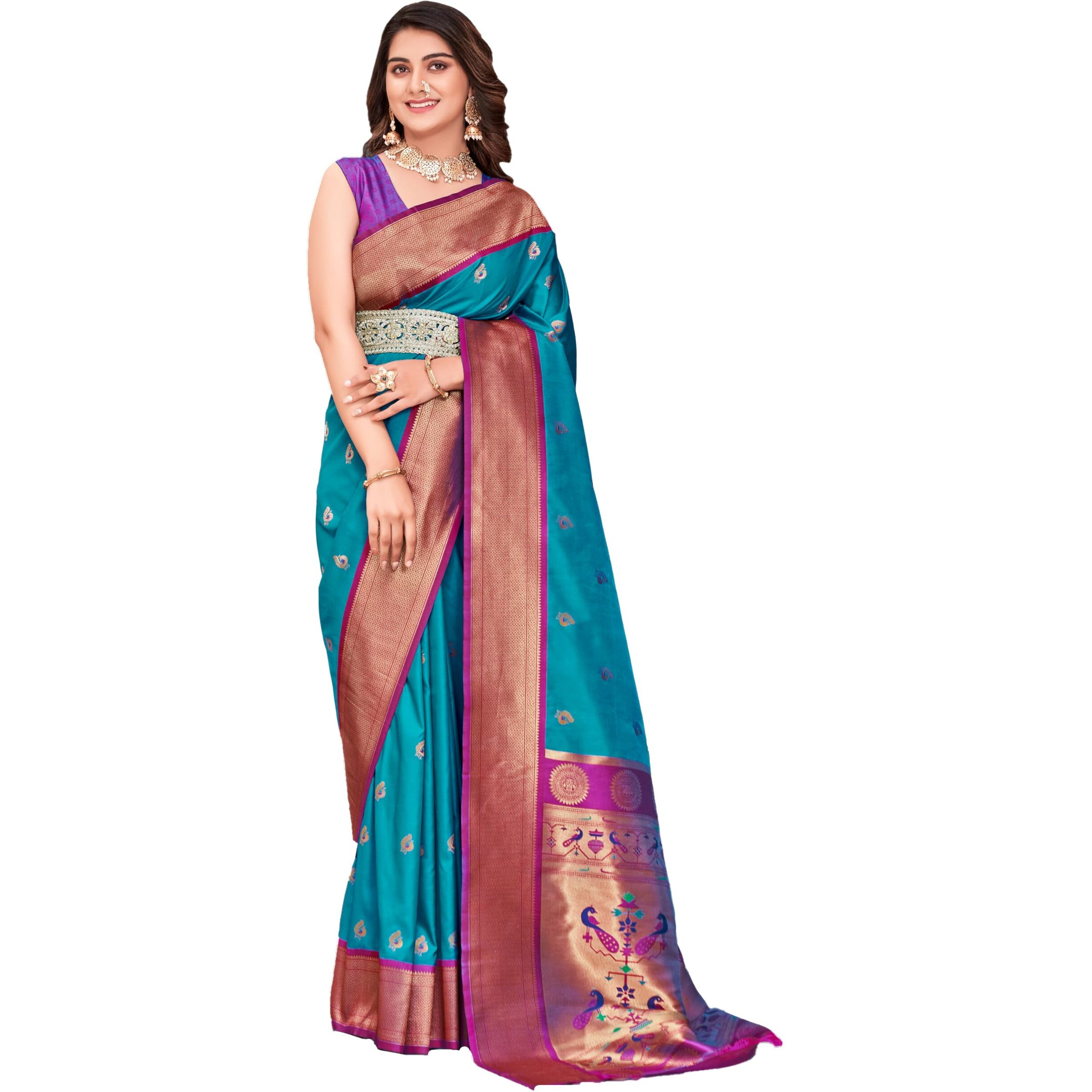 Pujia Mills Women's Banarasi Golden Zari Woven Saree For Wedding South Indian Ethnic Wear Saree Peshwai Woven Zari Pure Paithani Silk Saree For Bridal With Blouse Soft Wedding Saree With Blouse Piece