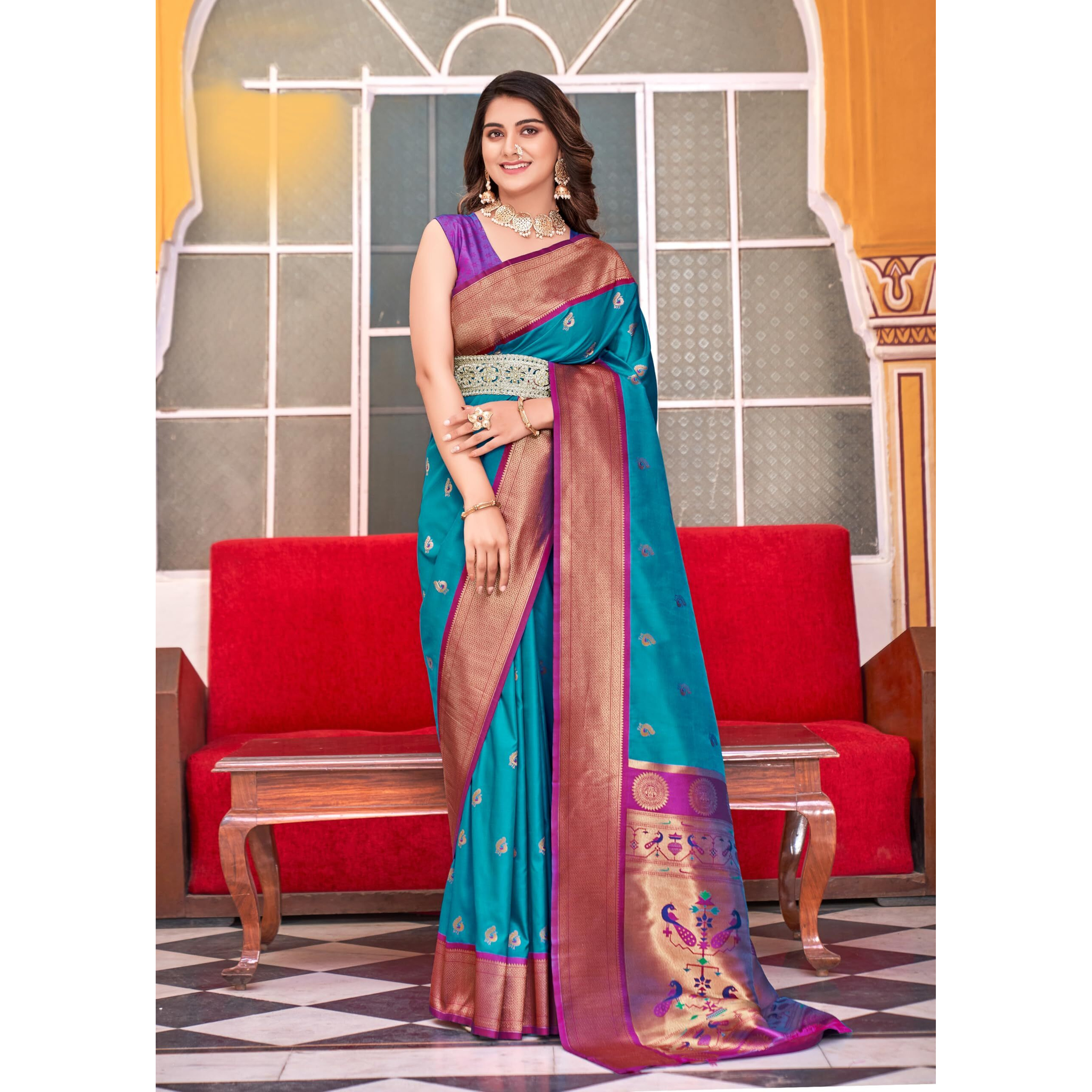 Pujia Mills Women's Banarasi Golden Zari Woven Saree For Wedding South Indian Ethnic Wear Saree Peshwai Woven Zari Pure Paithani Silk Saree For Bridal With Blouse Soft Wedding Saree With Blouse Piece