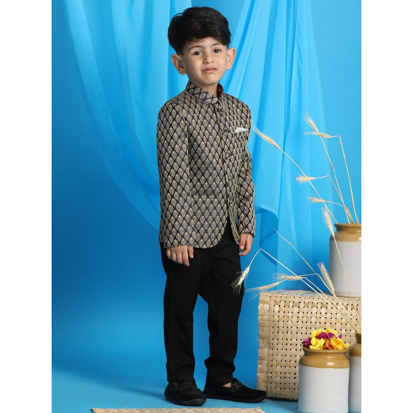 Jbn Creation Vastramay Boys' Navy Blue Jacquard Jodhpuri Bandhgala (B1390)