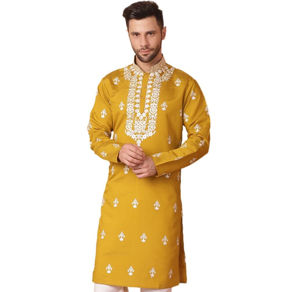 Jompers Men Mustard Chikankari Embroidered Kurtas (Mustard, Xl)