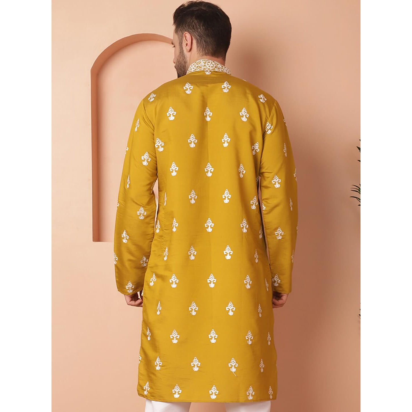 Jompers Men Mustard Chikankari Embroidered Kurtas (Mustard, Xl)