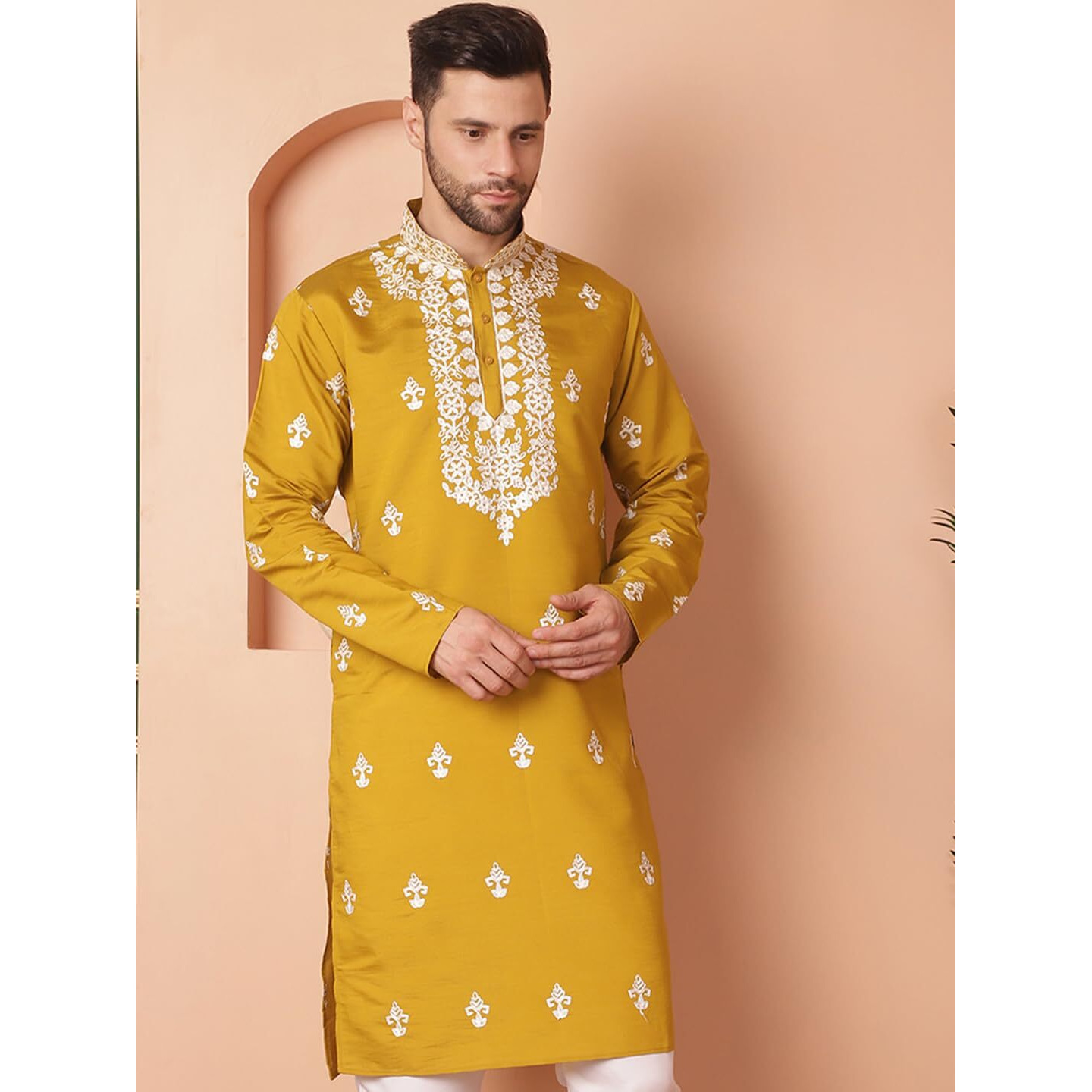 Jompers Men Mustard Chikankari Embroidered Kurtas (Mustard, Xl)