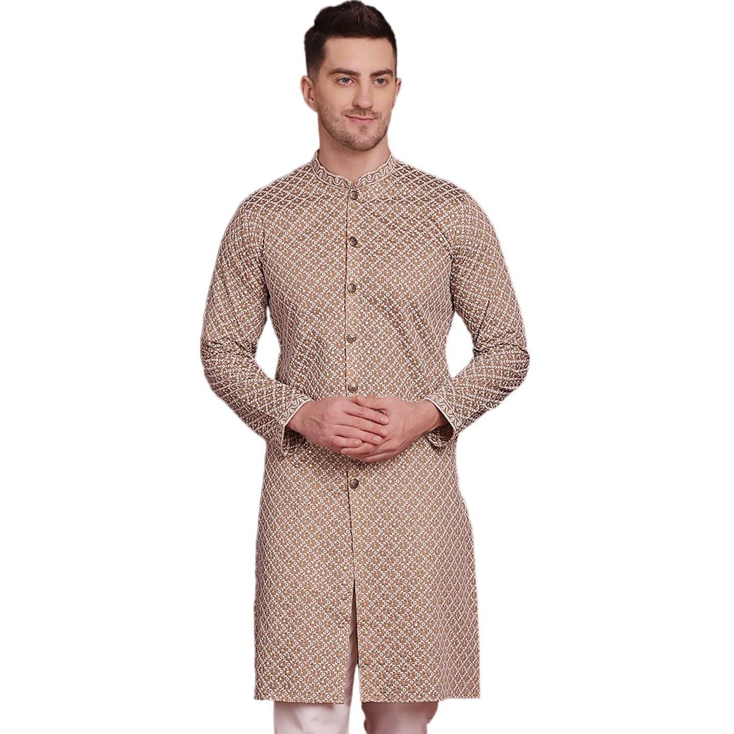 Jompers Men's Sequin Chikankari Front Open Kurtas (Beige, L)