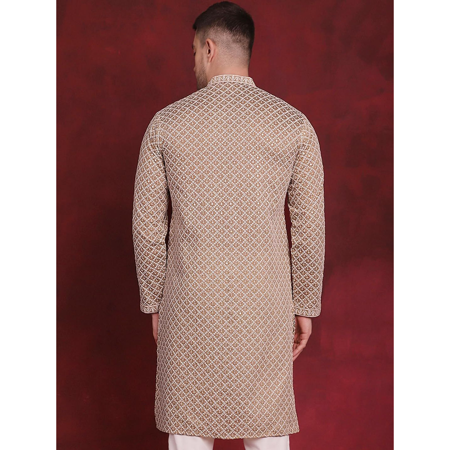 Jompers Men's Sequin Chikankari Front Open Kurtas (Beige, L)