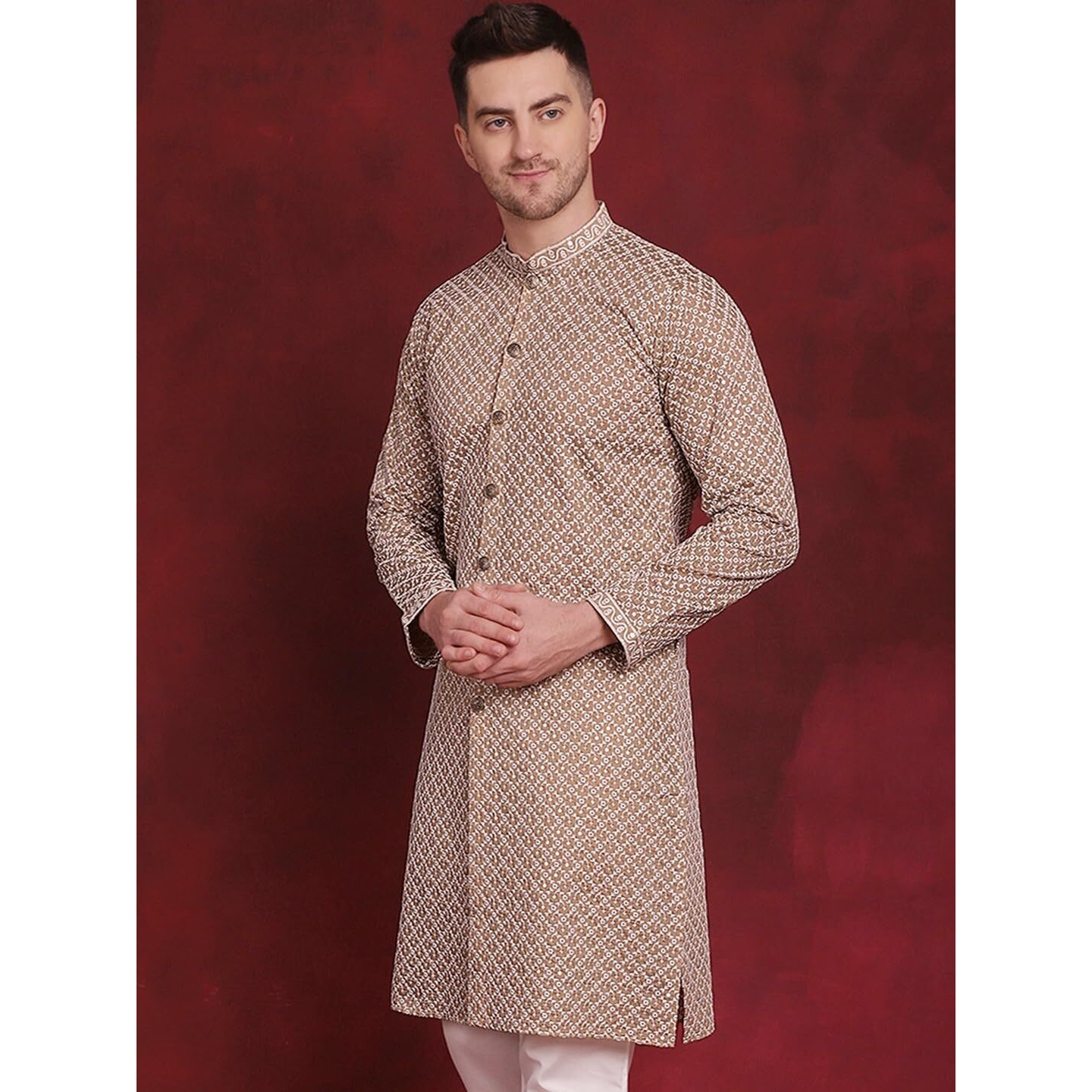 Jompers Men's Sequin Chikankari Front Open Kurtas (Beige, L)