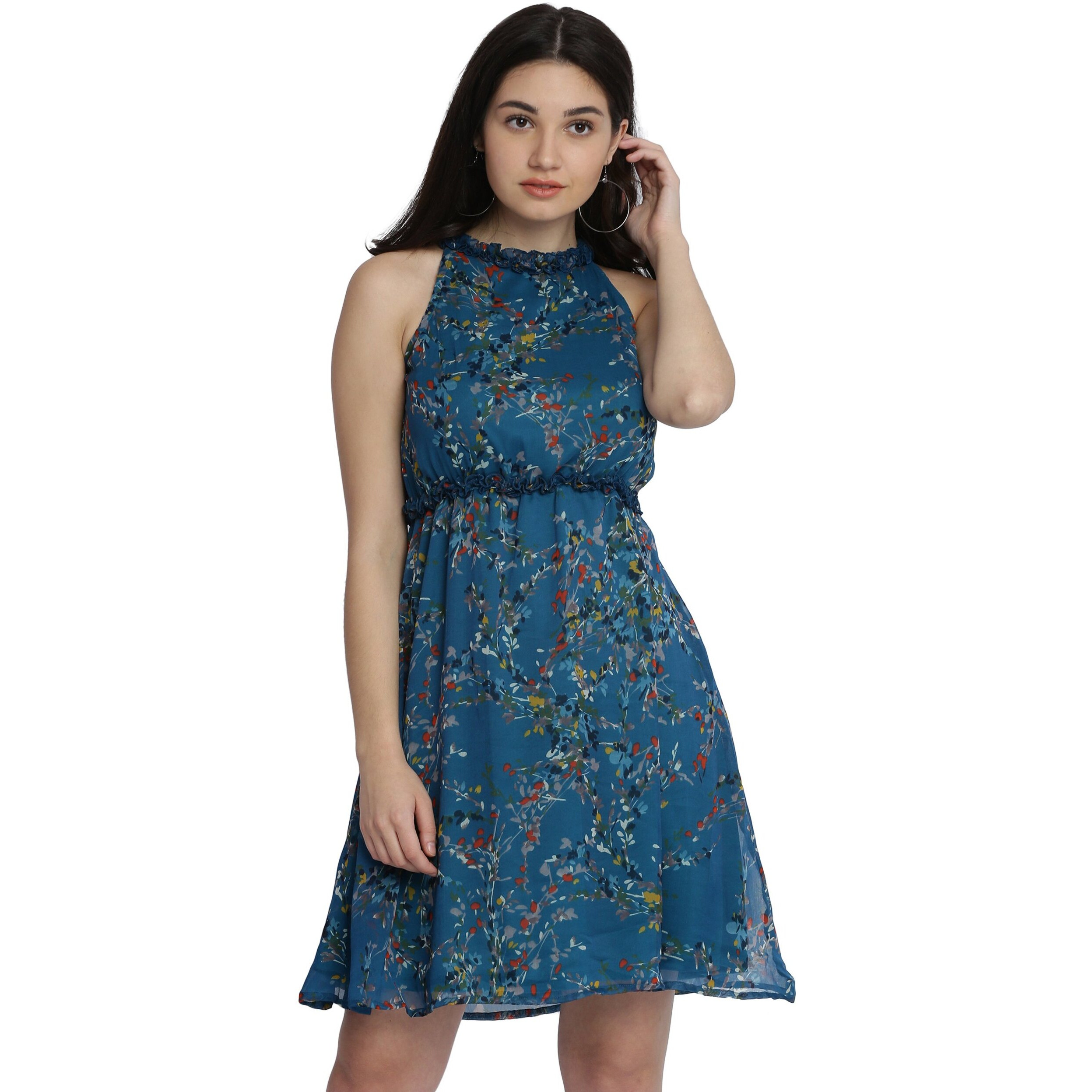 Miss Chase Women's Multicolored Floral Print Skater Dress(Mcaw17D09-75-176-05_Multicolored-Base Turquoise_Large)