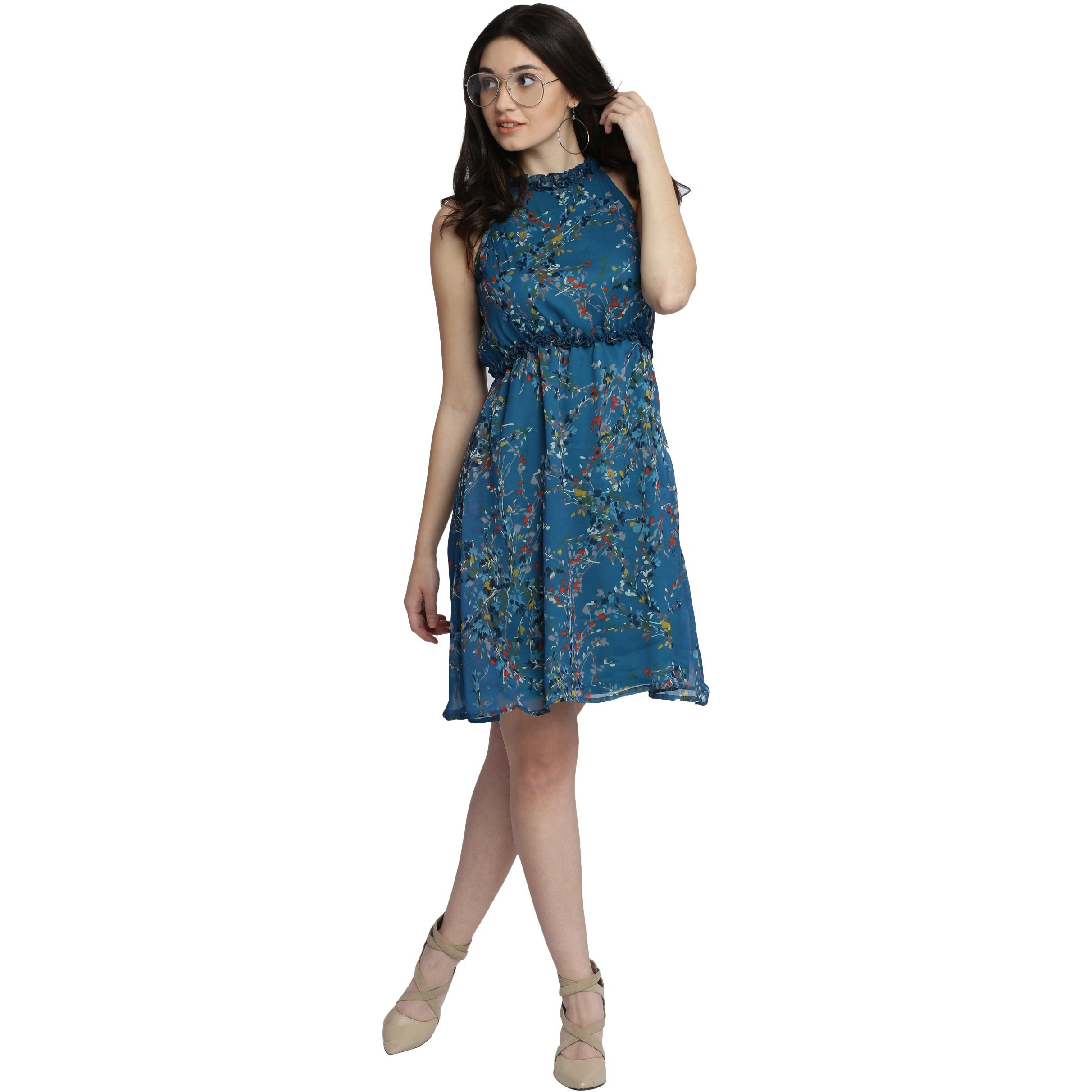 Miss Chase Women's Multicolored Floral Print Skater Dress(Mcaw17D09-75-176-05_Multicolored-Base Turquoise_Large)