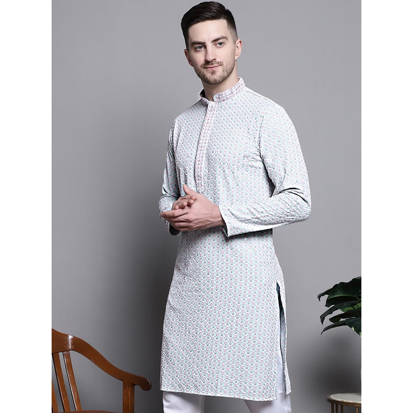 Jompers Men Sequin Embroidered Pure Cotton Kurtas (Blue, S)