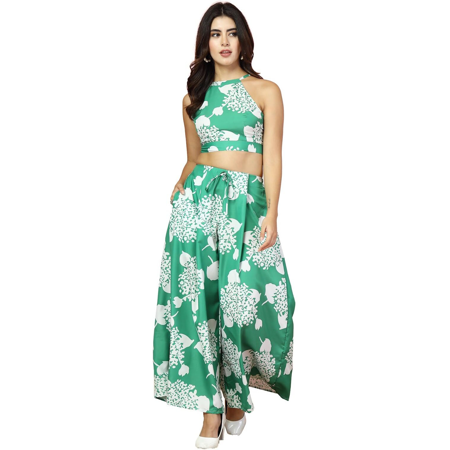 Oomph Women's Crepe Top And Trouser Pant Set |Two Piece Co-Ord Set | Wester Wear Regular Fit | Stylish Multipurpose Top - Bottom Pair - Green
