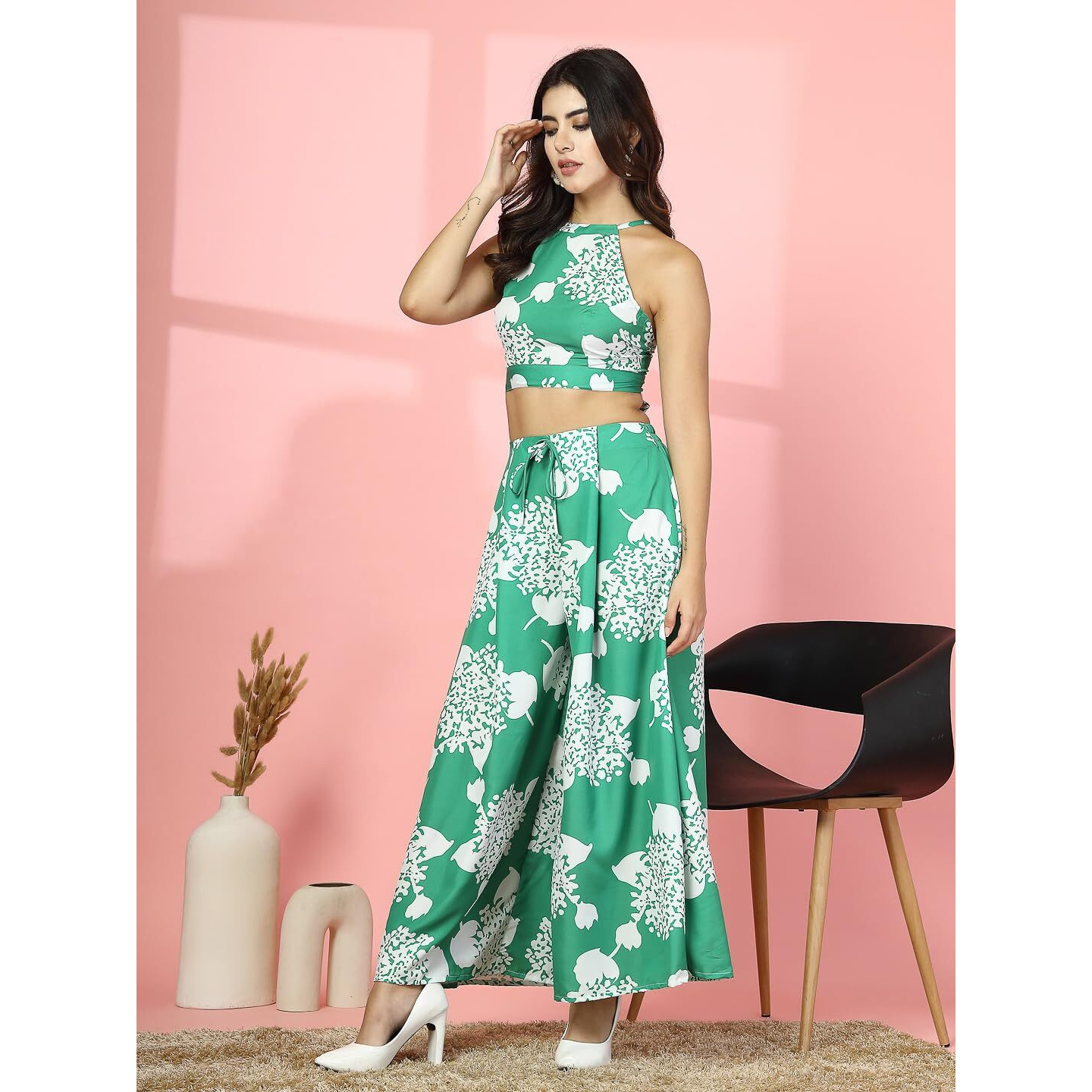 Oomph Women's Crepe Top And Trouser Pant Set |Two Piece Co-Ord Set | Wester Wear Regular Fit | Stylish Multipurpose Top - Bottom Pair - Green