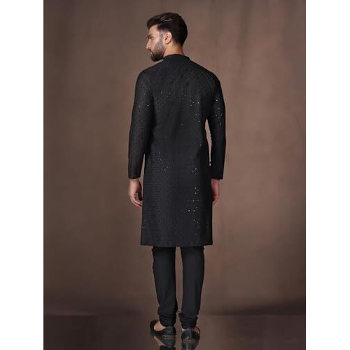Kisah Men's Kurta, Black Cotton, Embellished Regular Fit Mandarin Collar Long Sleeves (L)