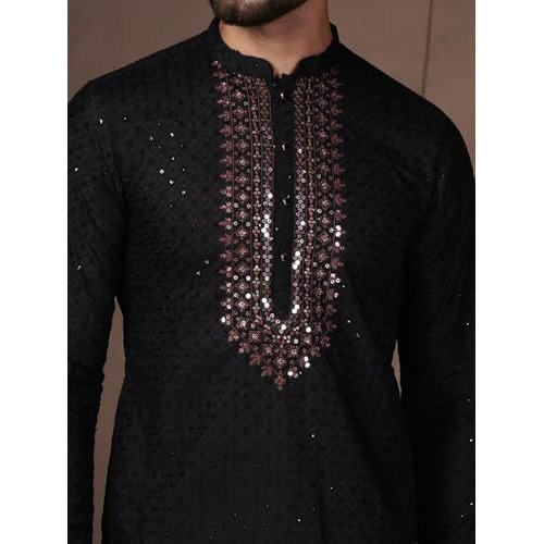 Kisah Men's Kurta, Black Cotton, Embellished Regular Fit Mandarin Collar Long Sleeves (L)