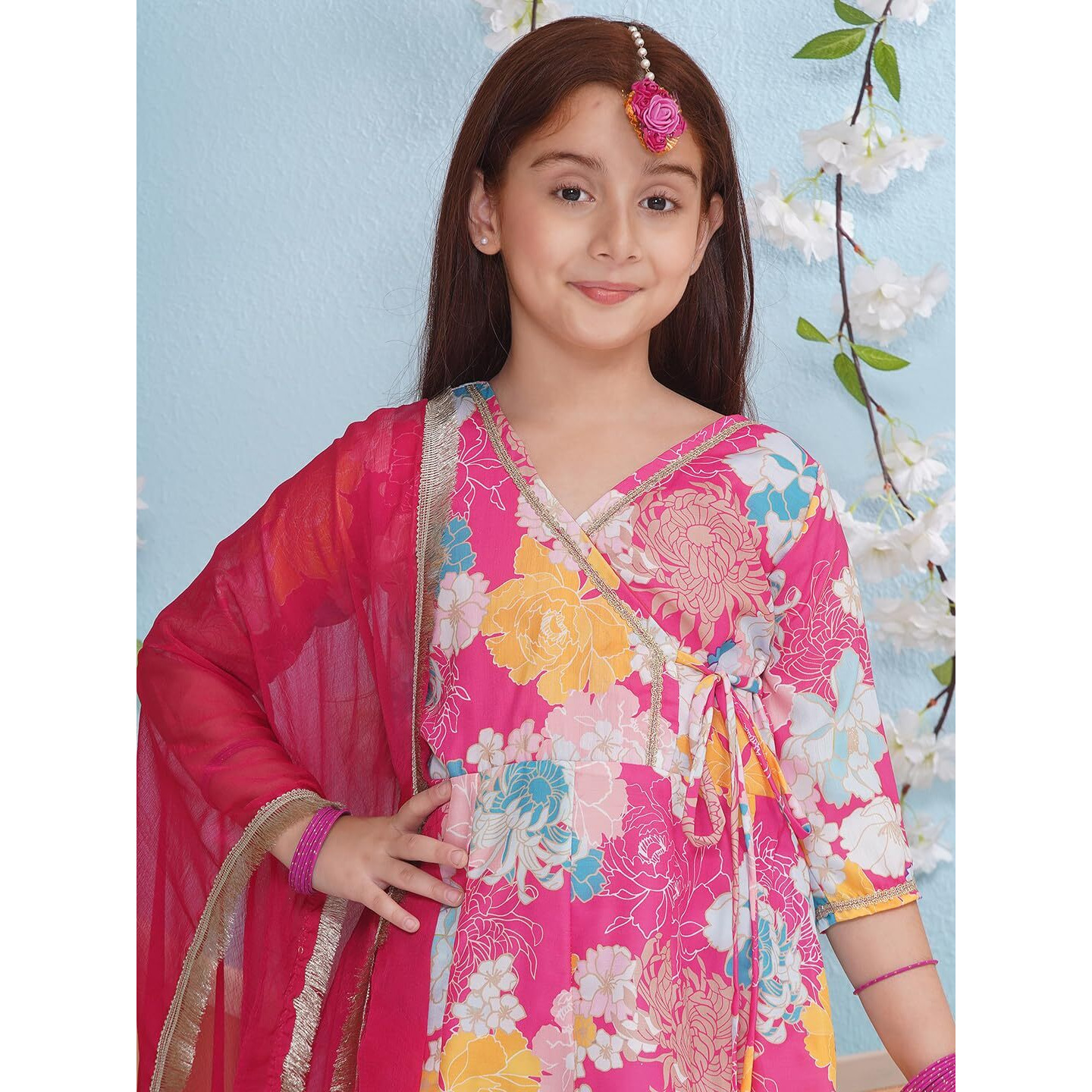 Preneum Girls's Cotton Rayon Printed Angrakha Kurta With Sharara & Dupatta, Pink, 15-16 Years