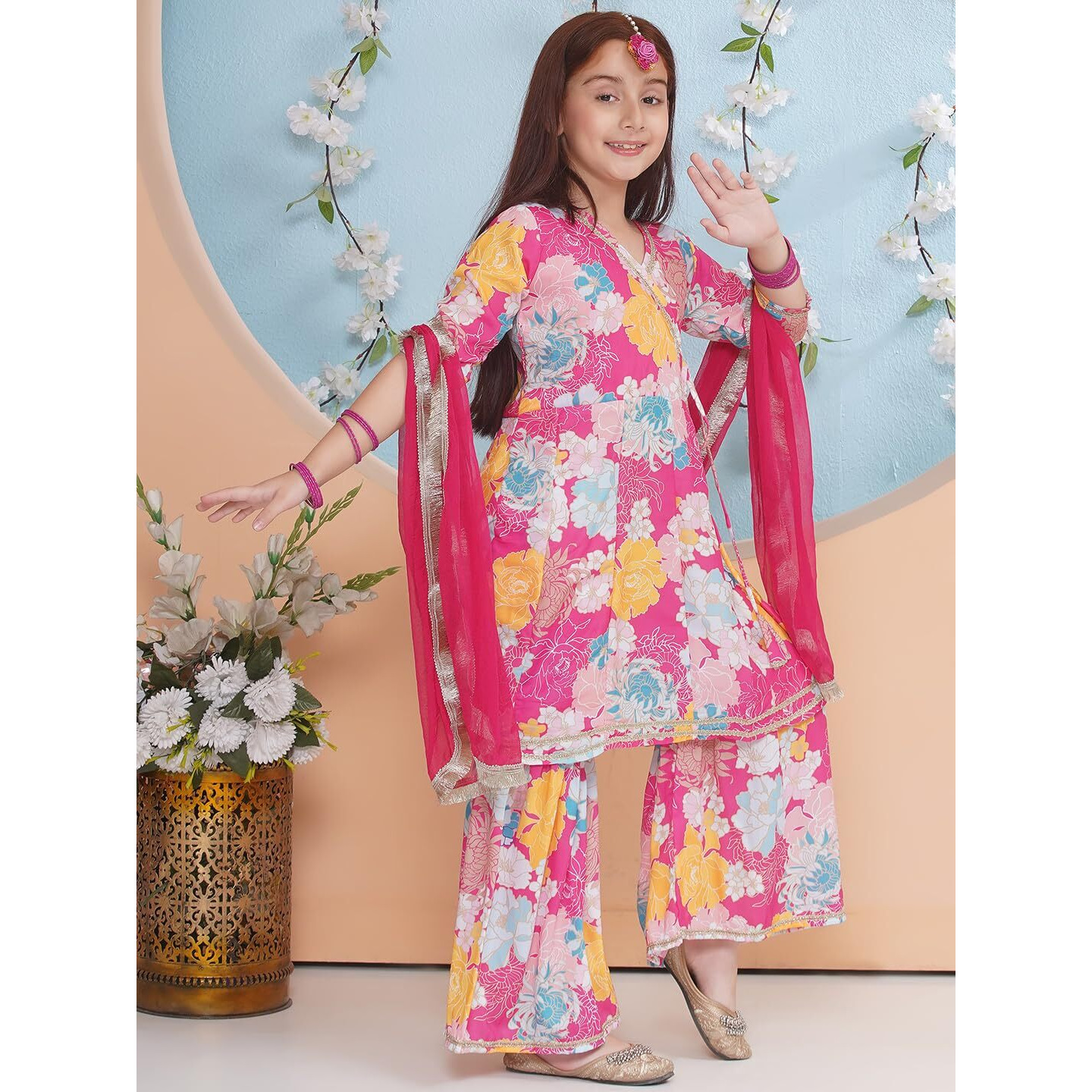 Preneum Girls's Cotton Rayon Printed Angrakha Kurta With Sharara & Dupatta, Pink, 15-16 Years