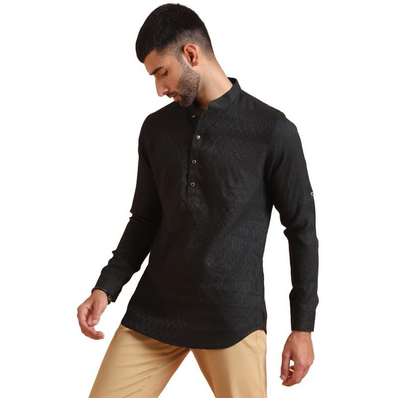 Kisah Men's Short Kurta, Black Silk Blend, Woven Design Regular Fit Mandarin Collar Long Sleeves (42)
